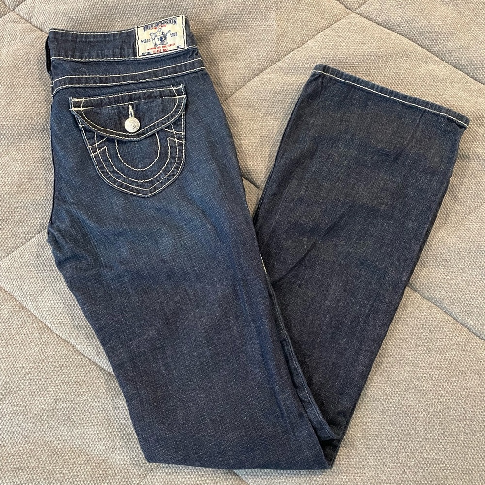 True Religion low-rise bootcut jeans, dark wash,‎ size 28